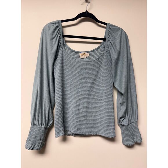 NATION LTD Iona Smocked Long Sleeve Blouse Top Dusty Blue, Sz L - Picture 2 of 9